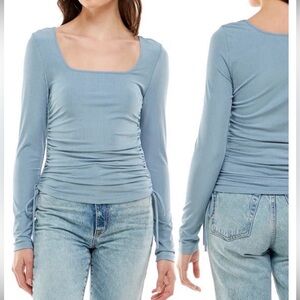 WAYF Blue Cinched Side Square Neckline Long Sleeve Shirt